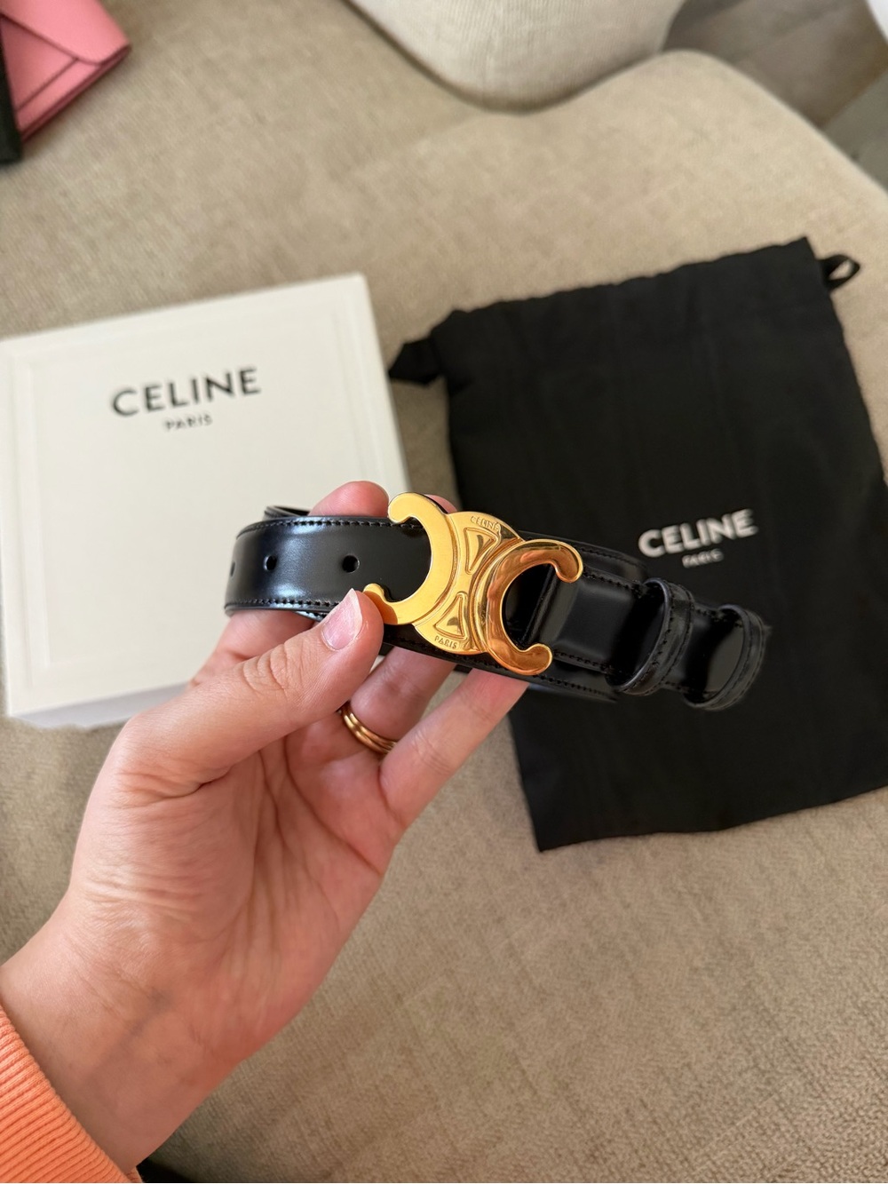 Celine Black Leather Belt with Gold Triomphe Buckle
